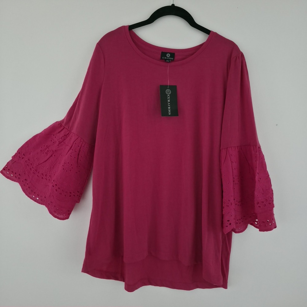 Curations Top Womens Pink Eyelet Bell Sleeve Blouse Coquette Fairycore Boho Sz L